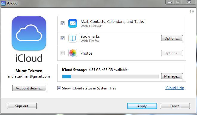 iCloud Control Panel for Windows